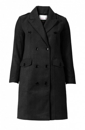 1r Пальто, черное Sheego Непринужденный стиль прямой двубортной формы с классическими лацканами, 2 карманами с клапанами на пуговицах и хлястиками на пуговицах на плечах и спине. Длинные рукава на пуг