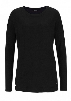 1к Пуловер, черный  Laura Scott Женственный пуловер с отдельной шалью. Прямая форма с женственным круглым вырезом горловины, широковатыми плечами и длинными рукавами. Кант с боковыми разрезами. Металл