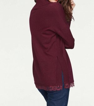 1к Пуловер, бордовый  Vivance Collection Модная изысканность неотразима. Свободный пуловер c привлекательными деталями. Кант с бахромой и кружевом, широкий воротник-гольф резиночной вязкой, длинные ру