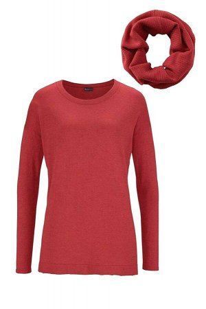 1к Пуловер, терракотовый  Laura Scott Женственный пуловер с шарфом на каждый день! Прямая форма с женственным круглым вырезом горловины, широкими плечами и длинными рукавами. Боковые разрезы. Металлич