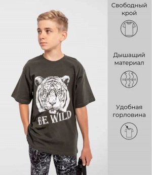 Футболка подростковая из хлопка с коротким рукавом и принтом цвет Хаки