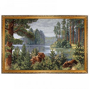 Картина гобелен 105х70см "Бор на озере", деревянная рама 3см
