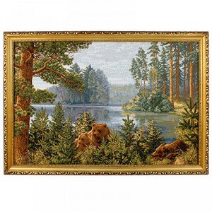 Картина гобелен 53х33см "Бор на озере", деревянная рама 3см