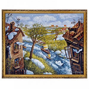 Картина гобелен 90х70см "Весна на окраинах", деревянная рама