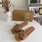 Женские шлепки на плоской подошве, декор &quot;брошь с камнями&quot;, цвет бежевый