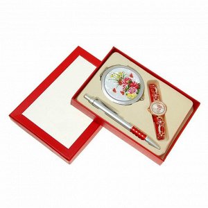 Набор подарочный 3в1 в карт.коробке (ручка+зеркало+часы) красный 12*16,5см
