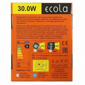 Прожектор светодиодный Ecola, 30 Вт, 220 В, 2800 K, IP65, Серебристо-серый 188x132x17