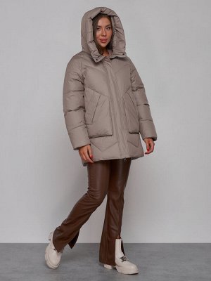 Зимняя женская куртка модная с капюшоном светло-коричневого цвета 52362SK