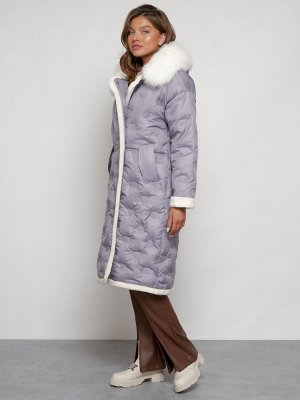 Пальто утепленное с капюшоном зимнее женское серого цвета 132290Sr