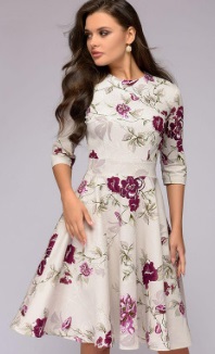 Платье с цветочным принтом и рукавами средней длины Цвет: БЕЖЕВЫЙ