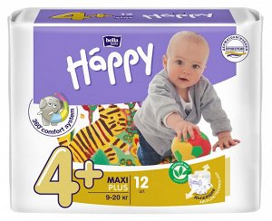 Подгузники детские happy maxi plus, вес 9-20 кг., 12 шт.