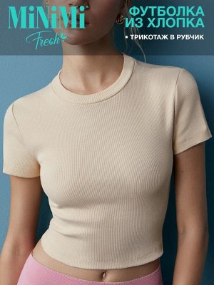 MiNiMi 1421С Fresh Футболка женская укороченная с коротким рукавом и круглым вырезом (Beige-Телесный цвет)
