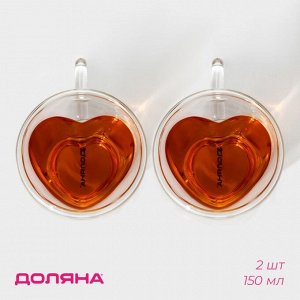 Набор кружек с двойными стенками Доляна «Сердце», 150 мл, 11.5x8.5x8 см, 2 шт., стекло, прозрачный