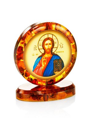 Небольшая круглая иконка «Спас» в литой янтарной оправе