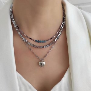 Сет из гематита серебристого цвета с кулоном сердце