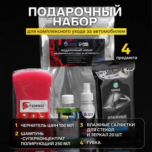 Подарочный набор для комплексного ухода за автомобилем Grand Caratt, набор автохимии: шампунь-суперконцентрат полирующий 250 мл, чернитель шин 100 мл, влажные салфетки для стекол и зеркал 20 шт, губка