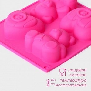 Форма для выпечки Доляна «Мишка и сердце», силикон, 17?15 см, 4 ячейки, цвет розовый