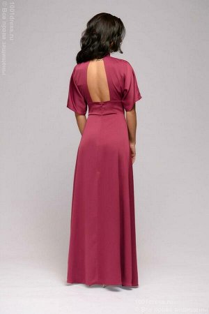 Платье ягодного цвета длины макси с глубоким декольте и вырезом на спинке