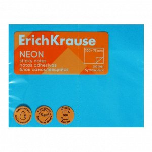 Блок с липким краем, бумажный, 100?75 мм, ErichKrause «Neon», 100 листов, голубой