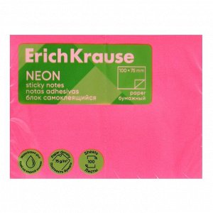Блок с липким краем, бумажный, 100?75 мм, ErichKrause «Neon», 100 листов, розовый