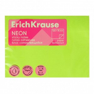 Блок с липким краем, бумажный, 100?75 мм, ErichKrause «Neon», 100 листов, зелёный