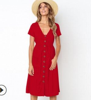Платье на застёжке с V образным вырезом, красное