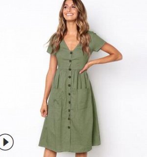 Платье на застёжке с V образным вырезом, зелёное