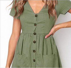 Платье на застёжке с V образным вырезом, зелёное