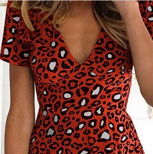 Короткое платье с оборками, красное с леопардовым принтом