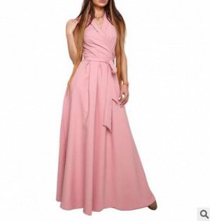 Платье в пол с V образным вырезом, розовое