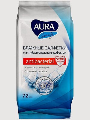 Влажные салфетки AURA Family Антибактериальные с ионами серебра, 1 упак. / 72 шт.,