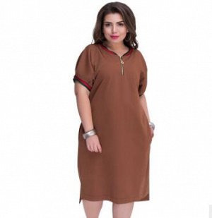 Платье-футболка, коричневое с трикотажной манжеткой