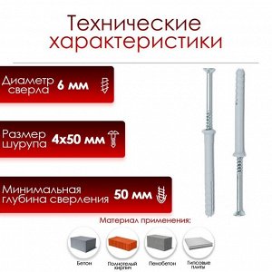 Дюбель-гвоздь "ТУНДРА", распорный, нейлоновый, потайная манжета, 6х40 мм, 100 шт