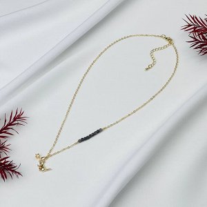 Колье на цепочке с камнем Обсидиан и подвеской "Кошка"