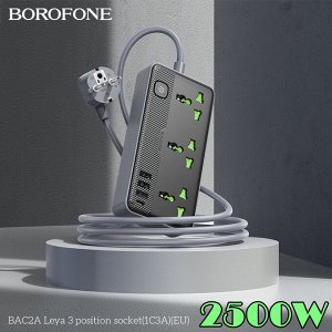 NEW ! Удлинитель сетевой фильтр USB зарядка Borofone 3х розетки (EU) + 3*USB + 1*Type-C DC12W, 2500W, 1,5м, Черный