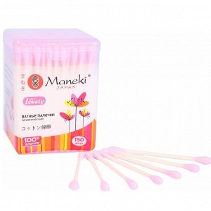 Палочки ватные гигиен. "Maneki" Lovely, с розов. бумаж. стиком, в пластиковой коробке, 150 шт./упак