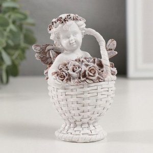 Фигурка полистоун «Ангелочек в корзине роз», кофейный венок, 7x6x10 см