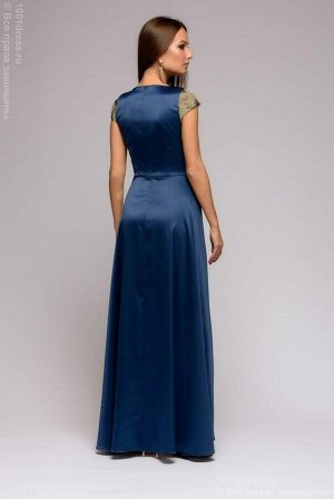 Платье темно-синее длины макси с золотой вышивкой и разрезом на юбке