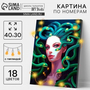 Картина по номерам на холсте с подрамником и гирляндой «Девушка и змеи», 30x40 см, набор для творчества