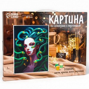 Картина по номерам на холсте с подрамником и гирляндой «Девушка и змеи», 30x40 см, набор для творчества