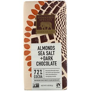 Шоколад Endangered Species Chocolate, Натуральный темный шоколад с морской солью и миндалем, 3 унции (85 г). 72% какао.  Яркие вкусные хлопья настоящей соли усиливают богатый вкус 72%-ного темного шок