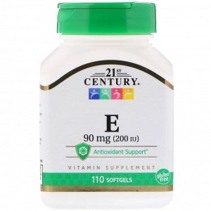Витамин E 21st Century, Витамин E, 90 мг (200 IU), 110 гелевых капсул.
Витамин Е является антиоксидантом и поддерживает иммунную систему.tem.