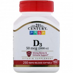 Витамин D3 21st Century, Витамин D3, 2000 МЕ, 250 жидких мягких таблеток. 
Сильные кости и иммунная поддержка
Витамин D3 необходим для усвоения кальция и поддерживает кости, зубы и иммунную систему.