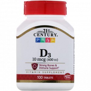 Витамин D3 21st Century,  витамин D3, 400 МЕ, 100 таблеток.
Сильные кости и иммунная поддержка
Витамин D3 необходим для усвоения кальция и поддерживает кости, зубы и иммунную систему.