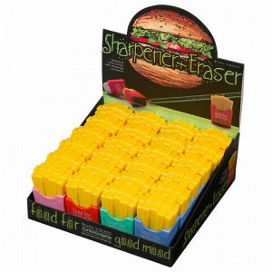 Точилка с ластиком BRUNO VISCONTI "JuniorGraphix Fast Food", контейнер, 2 отверстия, ассорти, 35-0060