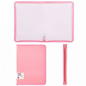 Папка объемная на молнии пластиковая BRAUBERG PASTEL, А4, 330х240 мм, 600 мкм, цвет персиковый, 271972