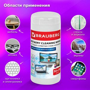 Салфетки для оптических поверхностей и мониторов BRAUBERG, в тубе, сухие 50 шт. и влажные 50 шт., 510121