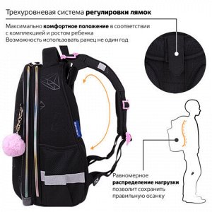 Ранец BRAUBERG LUMINOUS, 2 отделения, с брелоком, "Diamonds", СВЕТЯЩИЙСЯ РИСУНОК, 38х29х16 см, 272070