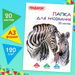 Папка для рисования БОЛЬШОГО ФОРМАТА А3, 20 л., 120 г/м2, ПИФАГОР, 297х420 мм, &quot;Зебры&quot;, 129218