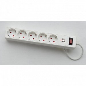 Сетевой фильтр 1,8 м, 5 гнезд c USB, 10А,  c защитными шторками, с заземлением, ПВС 3x0,75,  белый (SBSP-18U-W)